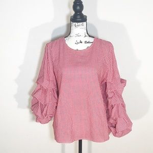 Who What Wear Ruffle Bunch Sleeve Checker Blouse L
